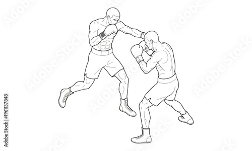 Two boxers fighting line art illustration isolated on white