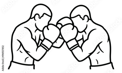 Boxing fighters sparring illustration in line art outline style