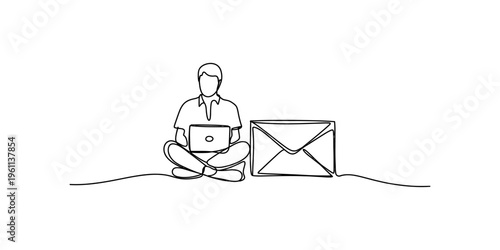 Continuous line drawing of a person sitting with a laptop next to a large email envelope icon