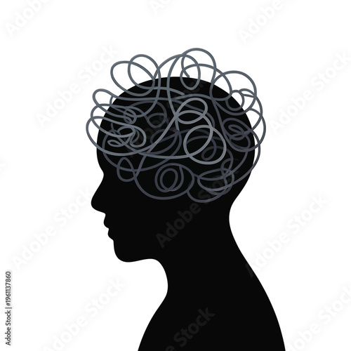 A silhouette of a human head filled with tangled looping lines