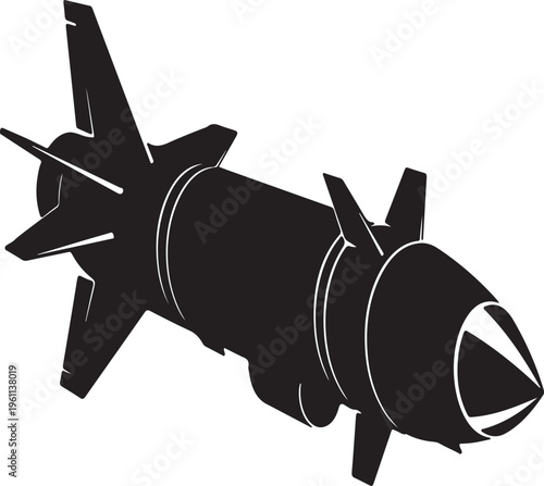 Black vector silhouette of a tactical missile isolated on white background