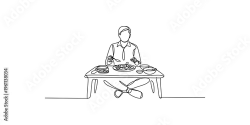 Continuous line drawing of a man sitting cross-legged on the floor and eating a meal at a low table