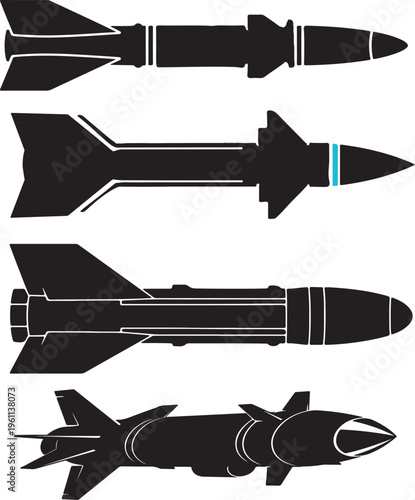 Collection of black military missile silhouettes on white background ,Vector, illustration