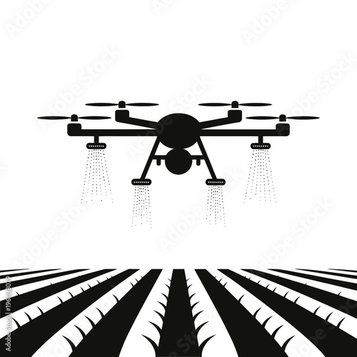 Black and white illustration of a drone spraying crops in a field