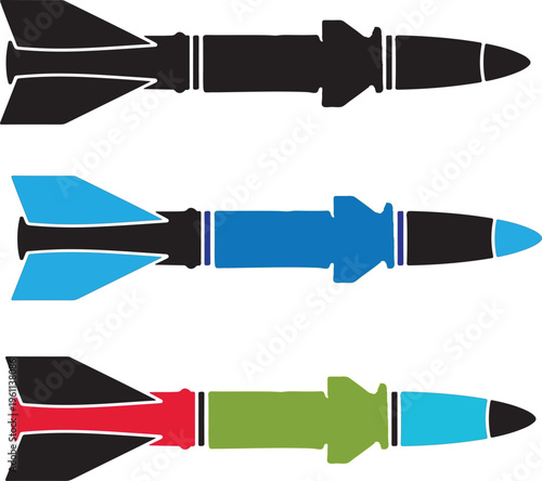 Aeronautical rocket design elements isolated on three color and white background  Vector, illustration