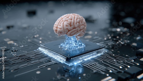 A translucent brain emerges from a glowing computer chip on a circuit board