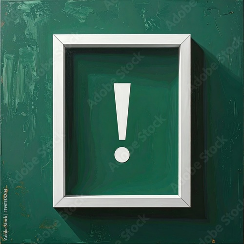 White framed exclamation mark over a green textured backdrop