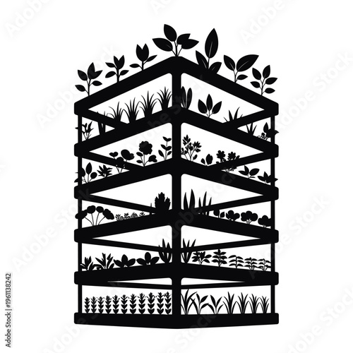 Black silhouette of a tiered structure filled with lush greenery and plants