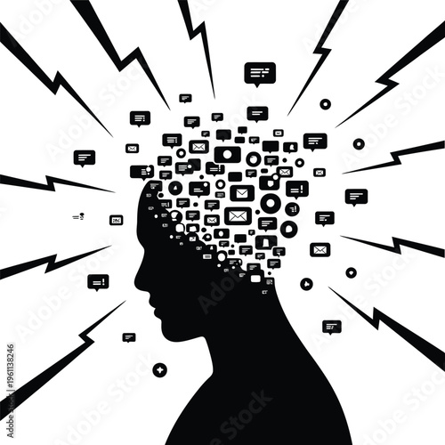 Overwhelmed mind a silhouette head exploding with digital communication icons
