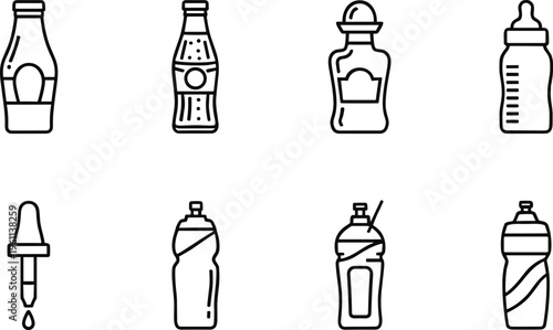Bottle Outline Icon Set with Baby Feeding Beverage and Dropper Containers Minimal Line Art Packaging