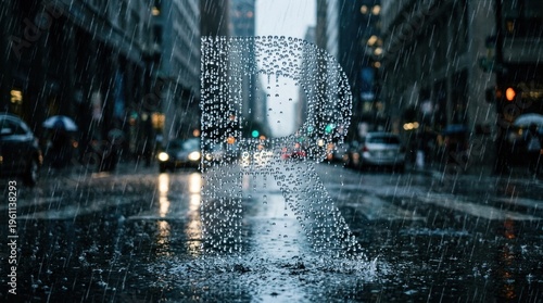A city street in the rain with a large puddle on the road.