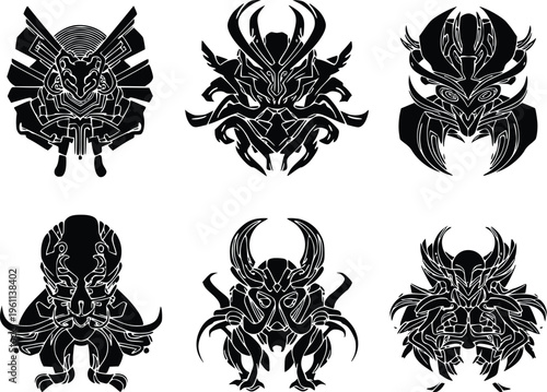 A collection of six unique black and white alien creature designs
