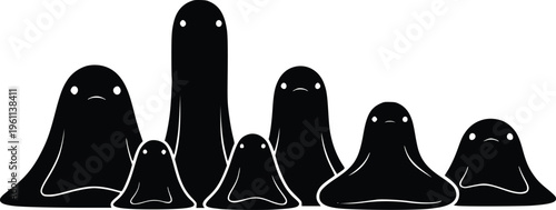 A group of cartoon ghosts standing together in a line
