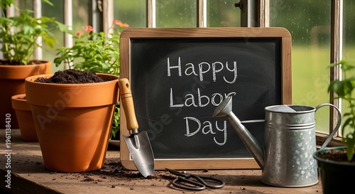 Happy Labor Day celebration with gardening tools and plants