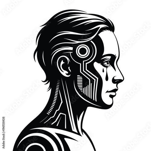 Cybernetic woman s profile a black and white illustration showing technology and emotion