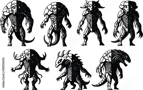 A collection of seven unique monster illustrations with skeletal features