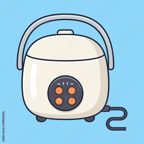 Electric Rice Cooker Kitchen Appliance Vector Illustration, Modern Household Steamer and Multicooker Icon Isolated on Blue Background for Cooking