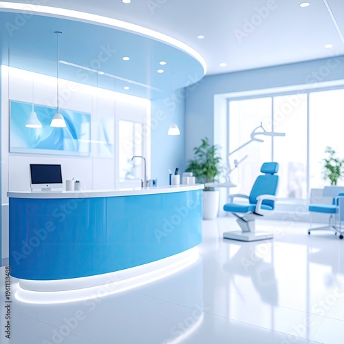 Bright, modern dental office, blue and white, with equipment and chairs