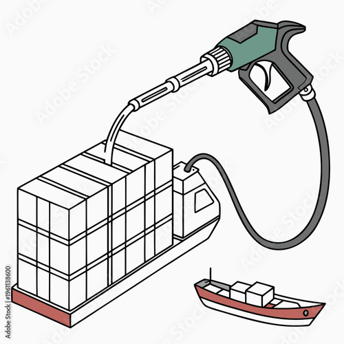 Vector illustration of cargo ship being refueled with gas pump nozzle