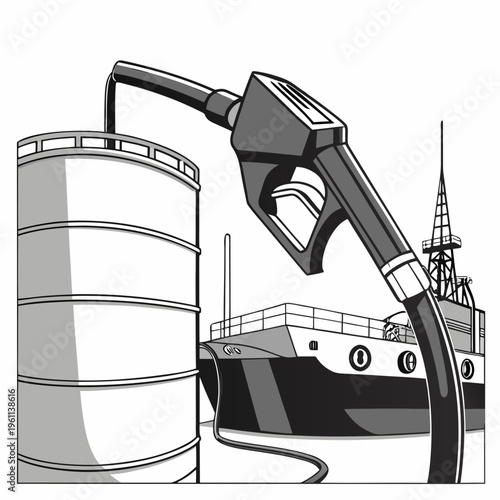 Black and white illustration of oil barrel with gas pump and ship