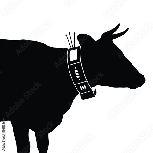 A silhouette of a cow wearing a high tech collar with antennas