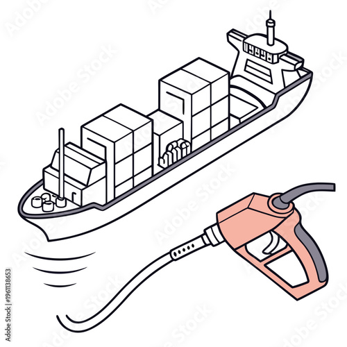Vector illustration of cargo ship with gas pump nozzle for fuel supply
