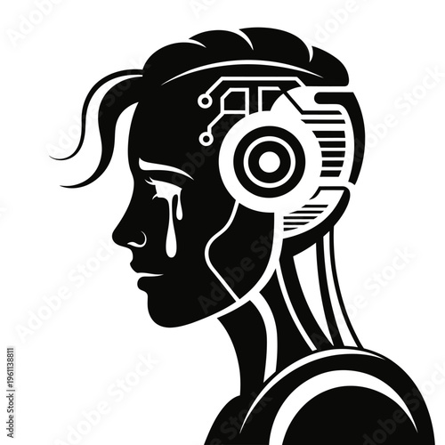 Cyborg woman s profile with robotic eye and flowing hair shedding a tear