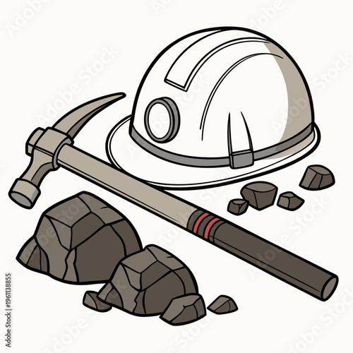 Cartoon mining helmet with pickaxe and coal rocks