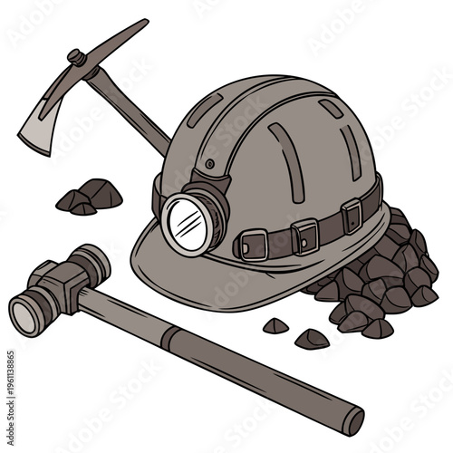 Mining helmet with pickaxe and hammer on with coal