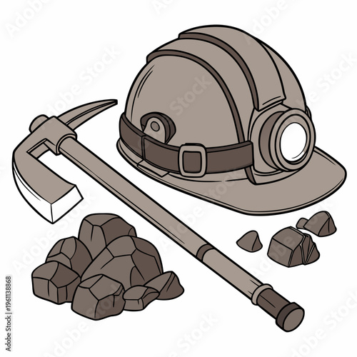 Mining helmet and pickaxe with coal rocks