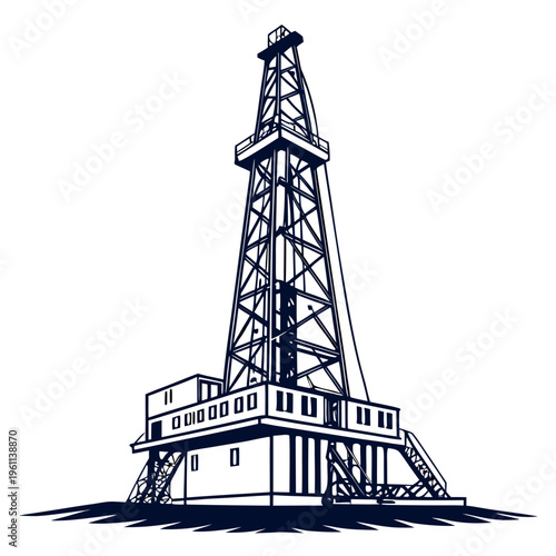 An illustration of an oil rig on a in dark blue