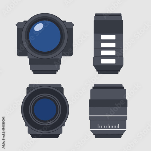 Set of Professional Camera Lenses and Photography Equipment Isolated on Gray Background, DSLR Optical Lens, Zoom and Prime Glass Lens Icons