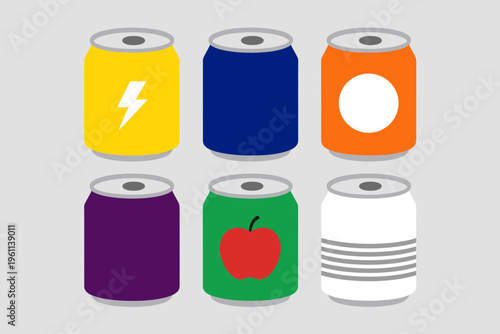 Assorted Aluminum Soda and Energy Drink Cans with Different Icons and Colors Isolated on Gray Background, Cold Beverage Packaging Mockup Set