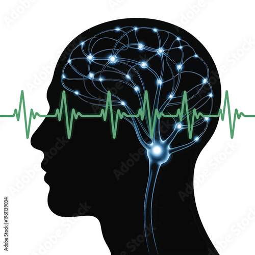 Human head silhouette displaying a glowing neural network and brain activity
