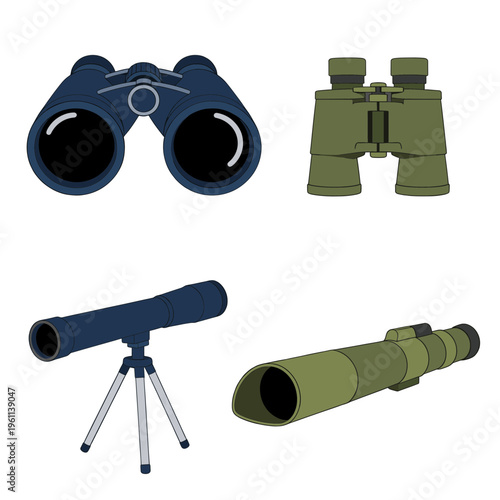 Professional Optical Observation Tools Set Including Binoculars and Telescope on Tripod Isolated on White Background, Surveillance Equipment