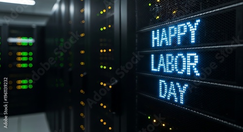 Happy Labor Day message on server computer screen in data center