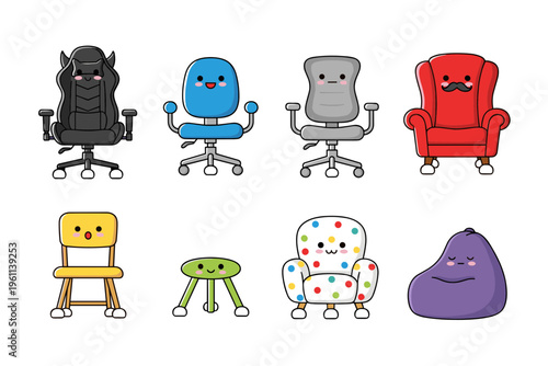 Collection of Cute Kawaii Chair Characters Set with Different Expressions Including Office Gaming Armchair Stool and Bean Bag Vector Illustration