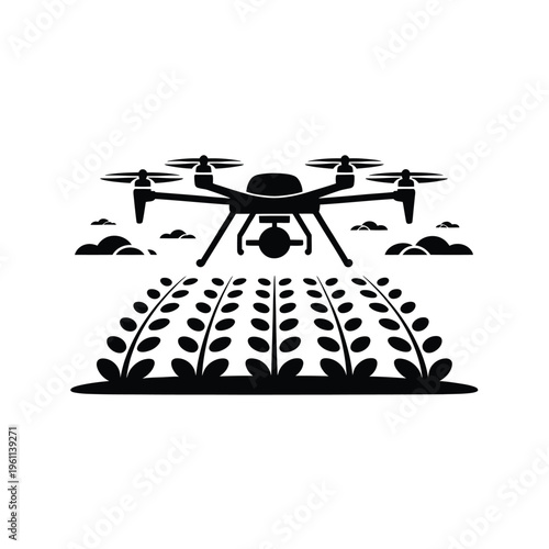Drone surveying crops in a field black and white illustration