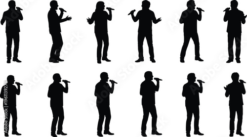 Collection of black and white vector silhouette illustrations featuring a male figure holding a microphone speaking and singing in various poses for public performances.