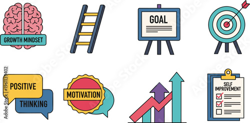 Personal Growth and Self Improvement Icon Set with Goal Setting, Motivation, Positive Thinking, Growth Mindset, Target Achievement and Success Strategy Concepts