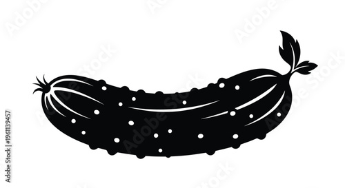 Detailed black and white vector silhouette illustration of a fresh organic whole cucumber with natural texture, perfect for healthy vegetarian diet and food design.