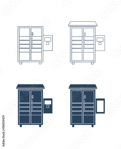 Smart Parcel Delivery Locker System Icons Showing Various Viewpoints and Solid Silhouette Styles for Automated Mail and Package Collection