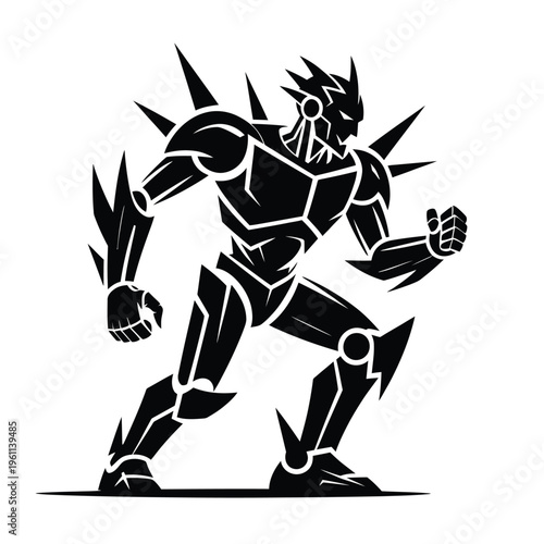 Stylized black silhouette of a robotic warrior in a dynamic pose