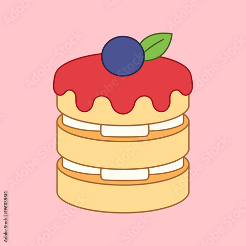 Delicious Layered Pancake or Cake with Red Berry Jam and Blueberry Topping, Sweet Dessert Illustration in Minimalist Flat Style, Tasty Pastry and Bakery Food Icon