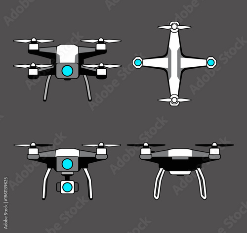 Quadcopter Drone Icons in Multiple Perspectives, Front View, Top View and Side View Technical Illustrations, Professional Unmanned Aerial Vehicle UAV with Camera