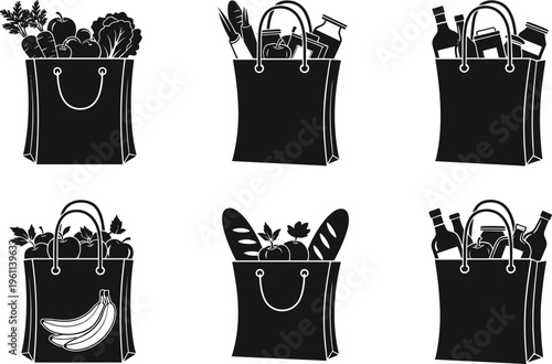 Set of six black and white vector silhouette icons depicting reusable grocery shopping bags overflowing with fresh produce, bread, and various bottled food products.