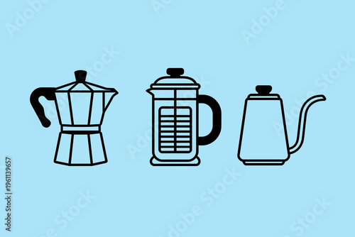 Manual Coffee Brewing Methods Icon Set Featuring Stovetop Espresso Maker French Press and Gooseneck Kettle for Barista Tools and Caffeine Lovers