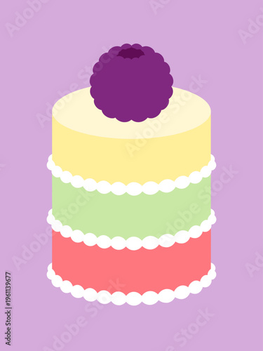 Three Layered Colorful Sponge Cake with Raspberry Topping and White Frosting Details, Minimalist Flat Food Illustration for Birthday and Holiday Celebration Concept