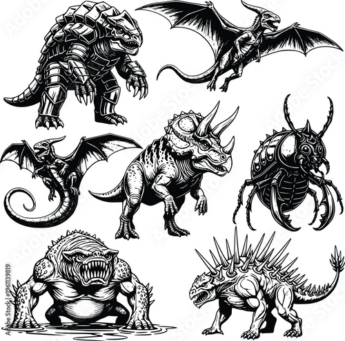 A collection of mythical creatures in black and white illustration