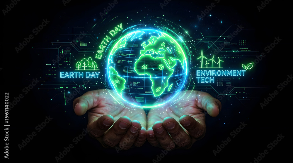 Obraz premium AI Generated Earth Day Neon Glowing Globe Technology Environment Green Concept
